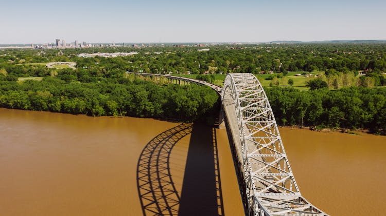 Modern Bridge Over Dirty River Near Trees