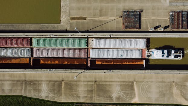 Aerial shot of a colorful cargo barge in Louisville canal, highlighting industrial transport.