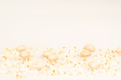 Popcorns and Mushrooms on a White Surface
