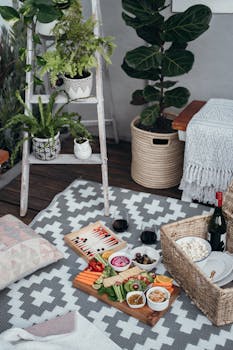 Cozy indoor picnic setting with vegan snacks, wine, and decorative plants.