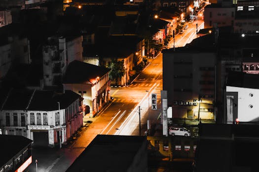 Aerial view of a vibrant urban street at night with light trails and illuminated buildings.