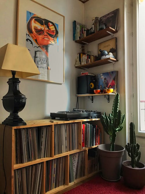 Lamp on Top of Vinyl Shelves