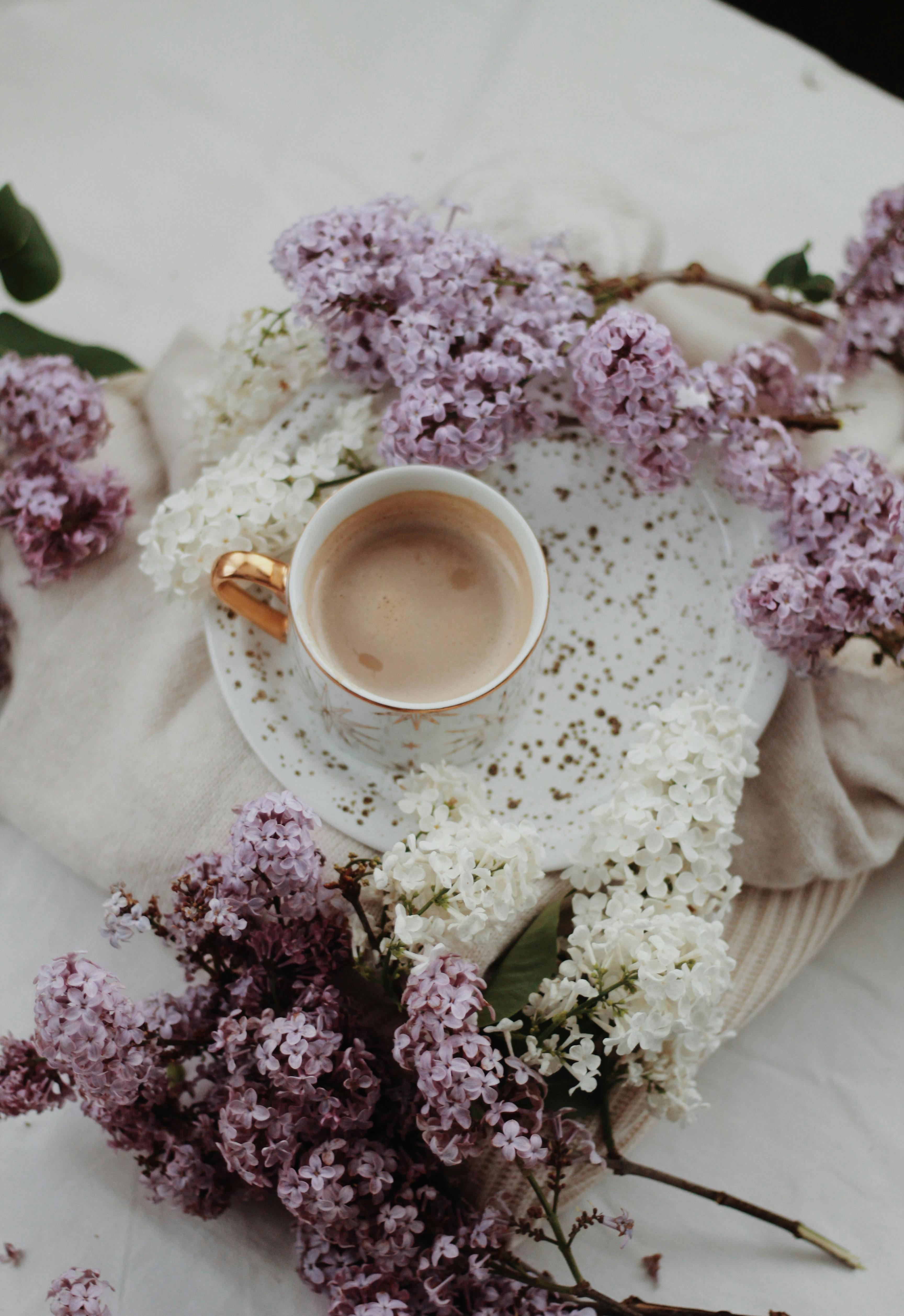 Free A delicate coffee cup arrangement surrounded by lilac flowers, perfect for a serene spring morning. Stock Photo