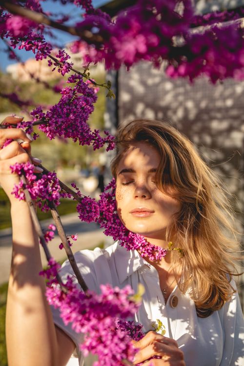 Free A woman with closed eyes embraces vibrant pink blossoms on a sunny spring day. Stock Photo