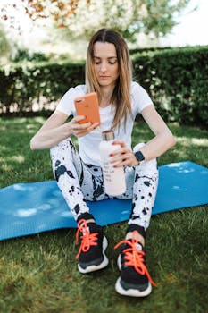 Woman on a yoga mat uses a smartphone outdoors, enjoying fitness time.