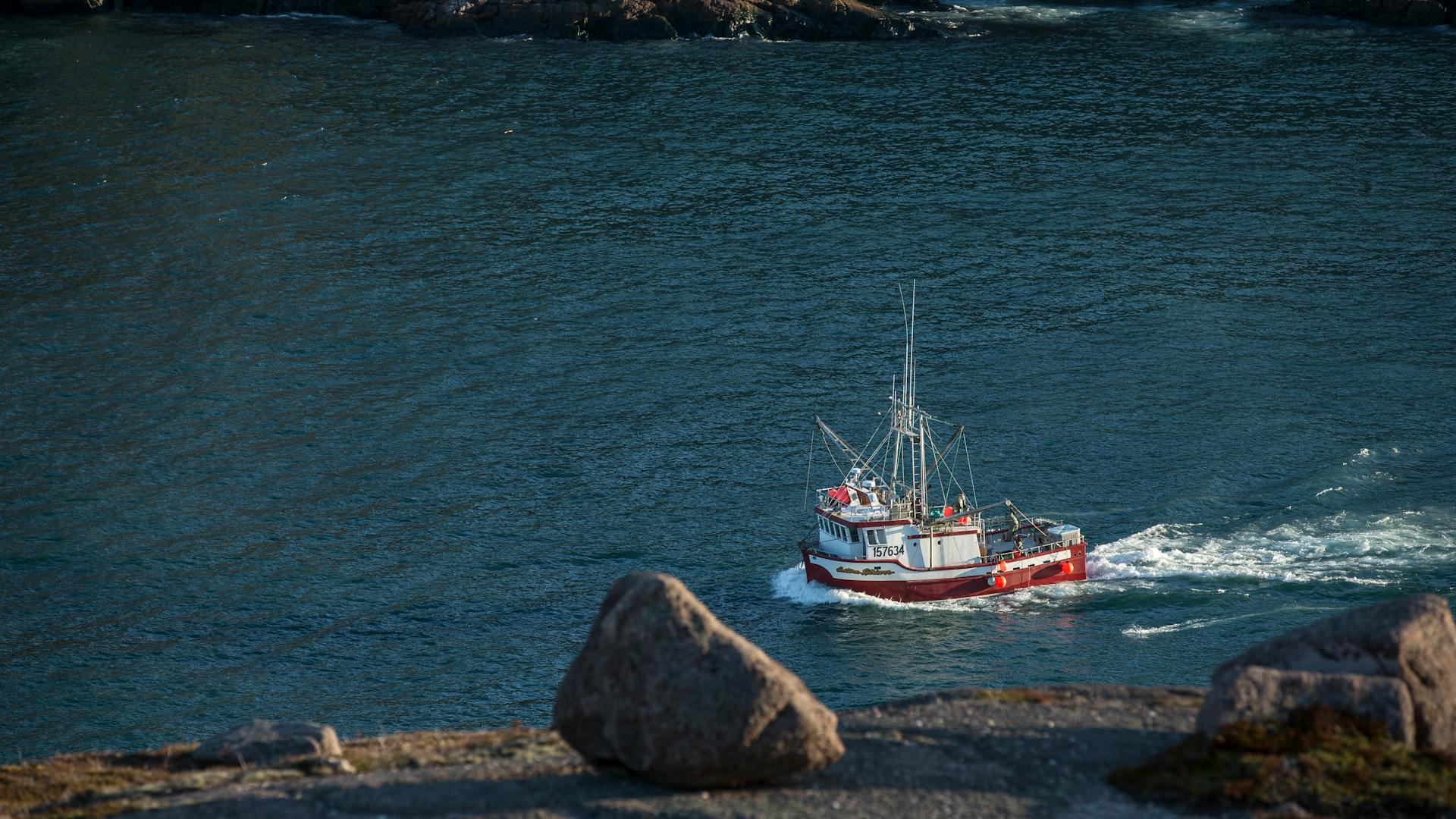 A fishing boat sails along a rocky coastline with clear waters, showcasing a tranquil seascape.