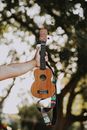 Crop faceless male musician demonstrating vintage soprano ukulele musical instrument against blurred background of green park