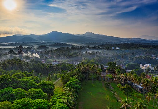 Aerial view of Banten, Indonesia with misty hills, lush forests, and vibrant greenery during sunrise.