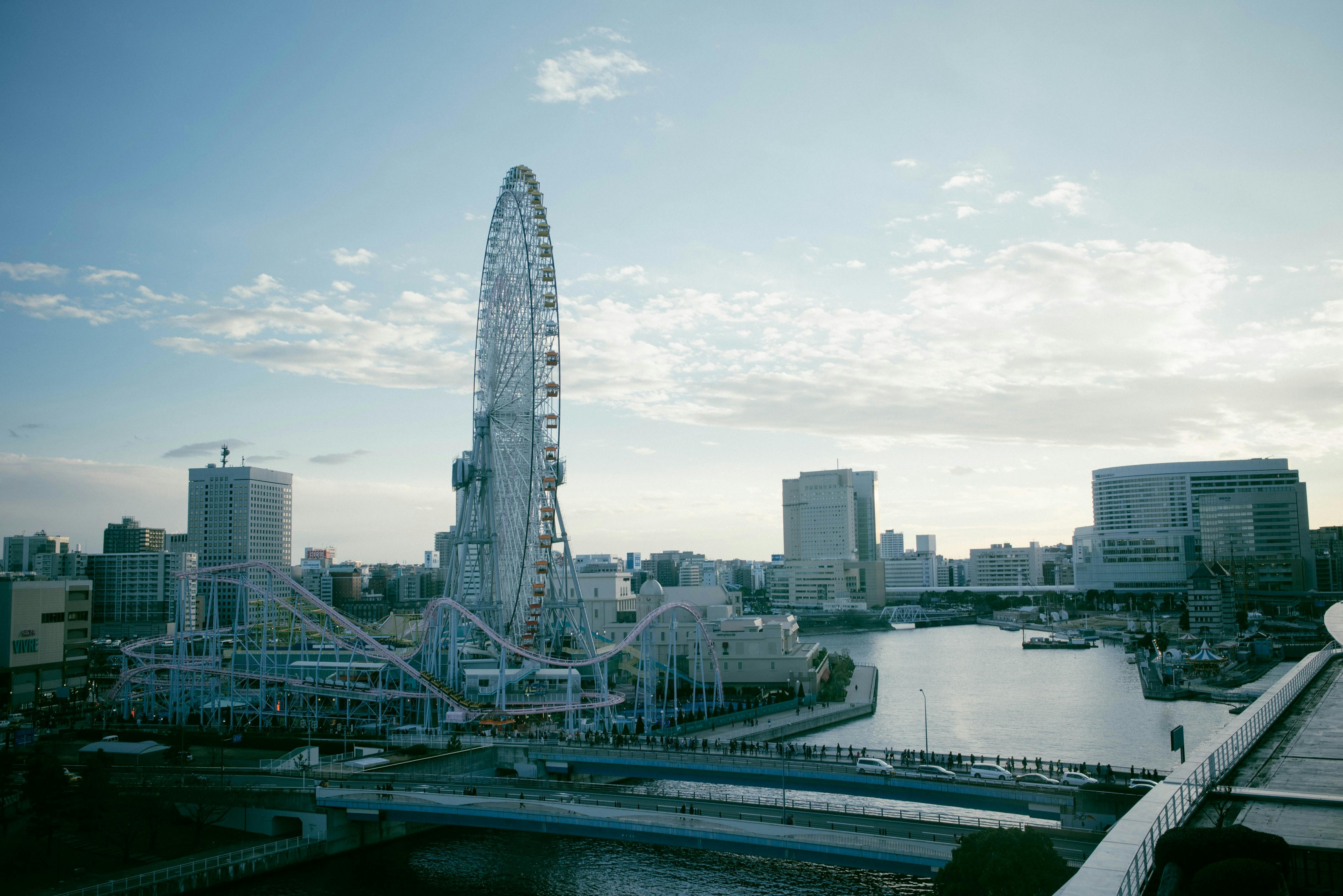 Captivating cityscape featuring a Ferris wheel, roller coaster, and skyline at dusk.