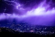 穆扎法拉巴德上空，紫色的天空下，一场迷人的雷暴在夜间照亮了山脉