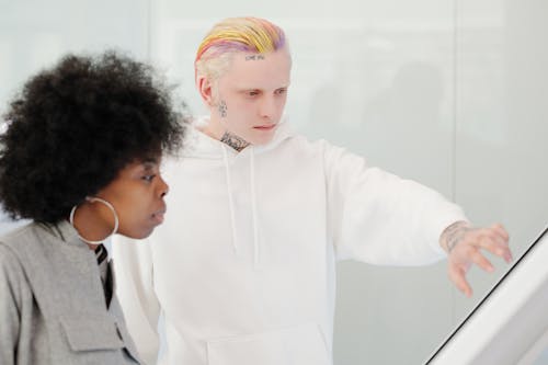 A Man with Colorful Hair in White Pullover Hoodie