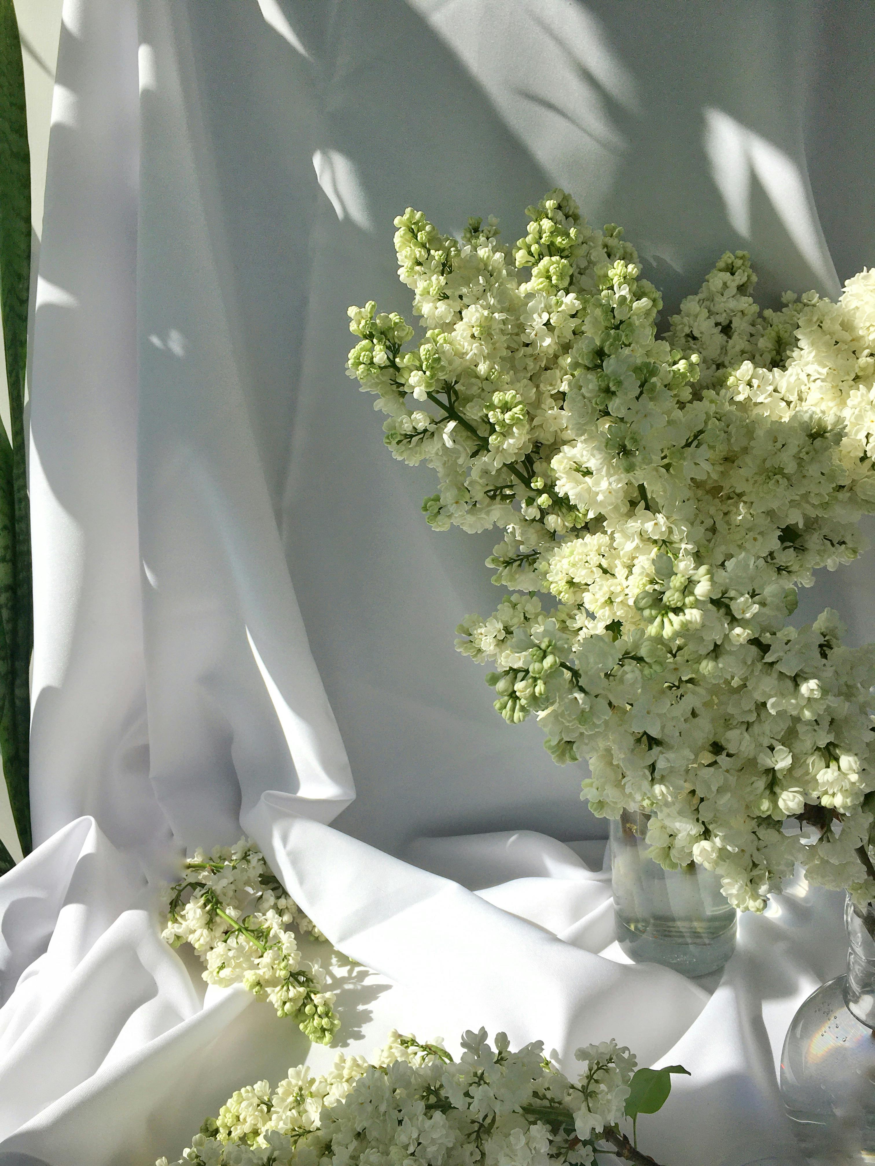 White and Green Flower Bouquet on a White Fabric · Free Stock Photo