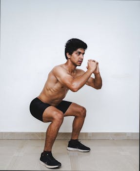 Shirtless young man in shorts doing a squat indoors against a white background.