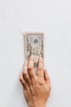 手握一叠美钞，象征着财富和金融