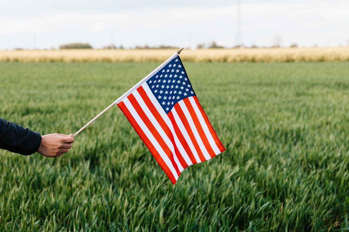 Crop unrecognizable person holding colorful flag of America with stars and stripes on lush green lawn under cloudy sky in daylight