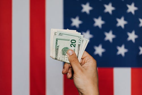 Unrecognizable male demonstrating dollars before official flag of USA on background