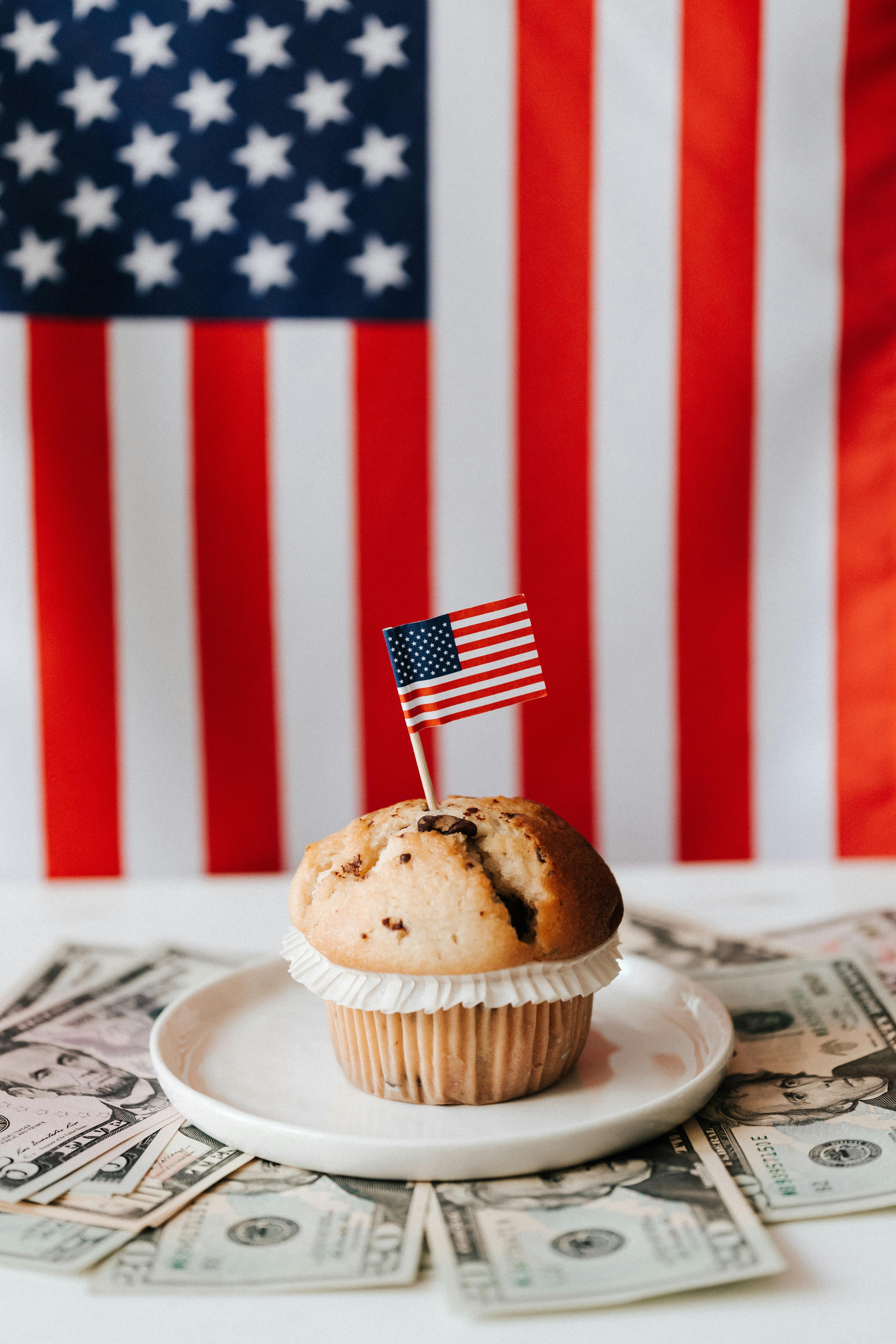 muffin on dollars against american flag