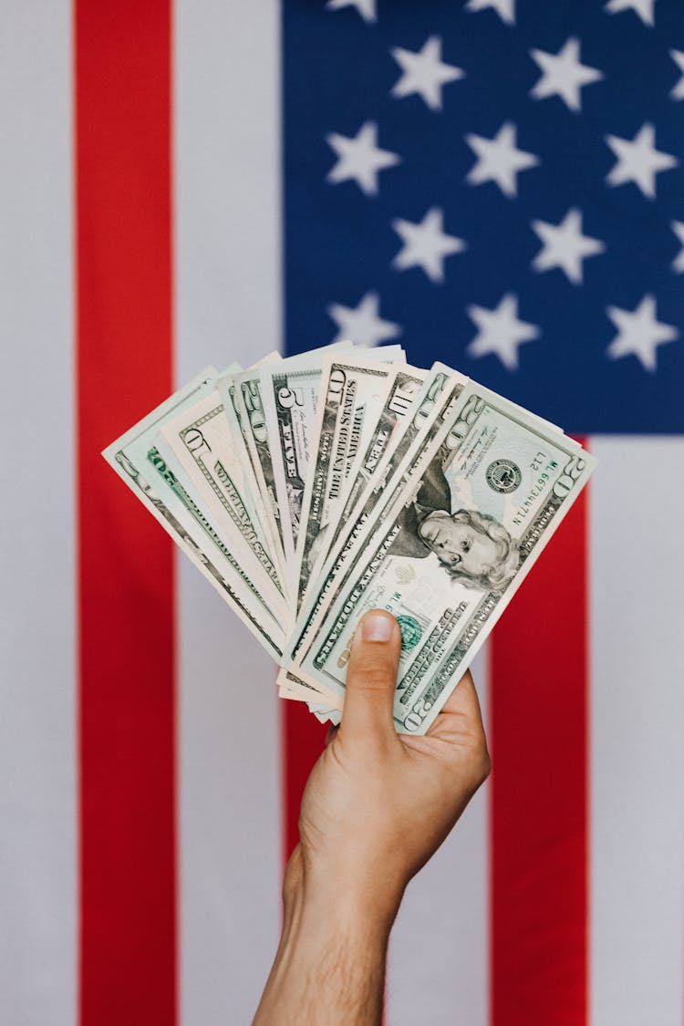 Crop Person Demonstrating Dollars Against American Flag