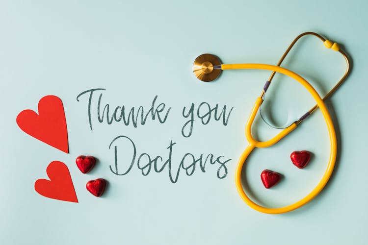 Set Of Gratitude Message For Doctors With Stethoscope And Hearts