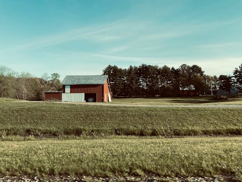 Rural landscape of barn in middle of green meadow