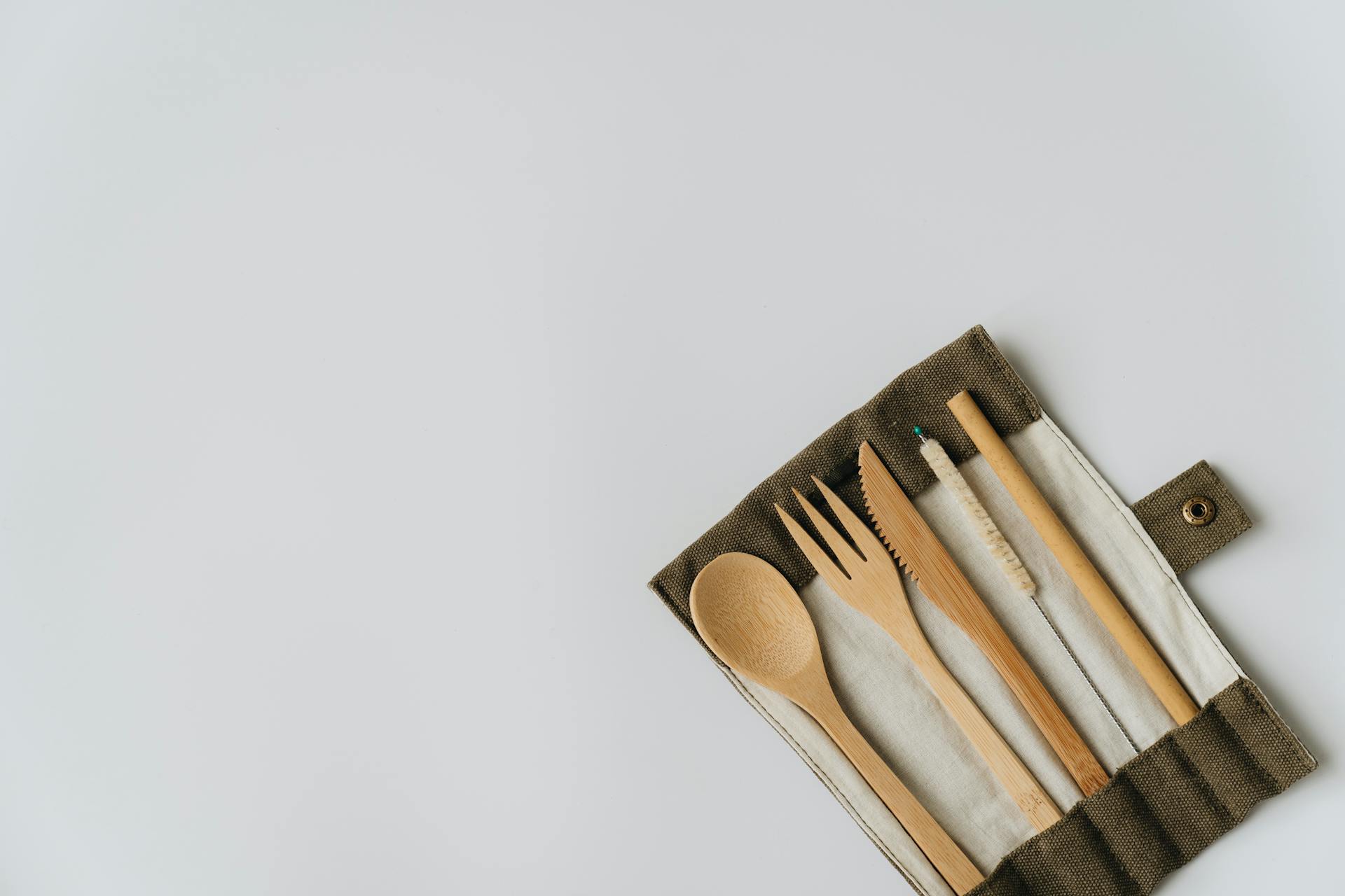 A minimalist image of a biodegradable wooden cutlery set in a roll-up pouch, ideal for eco-conscious living.