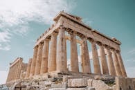 From below of Parthenon monument of ancient architecture and ancient Greek temple located on Athenian Acropolis