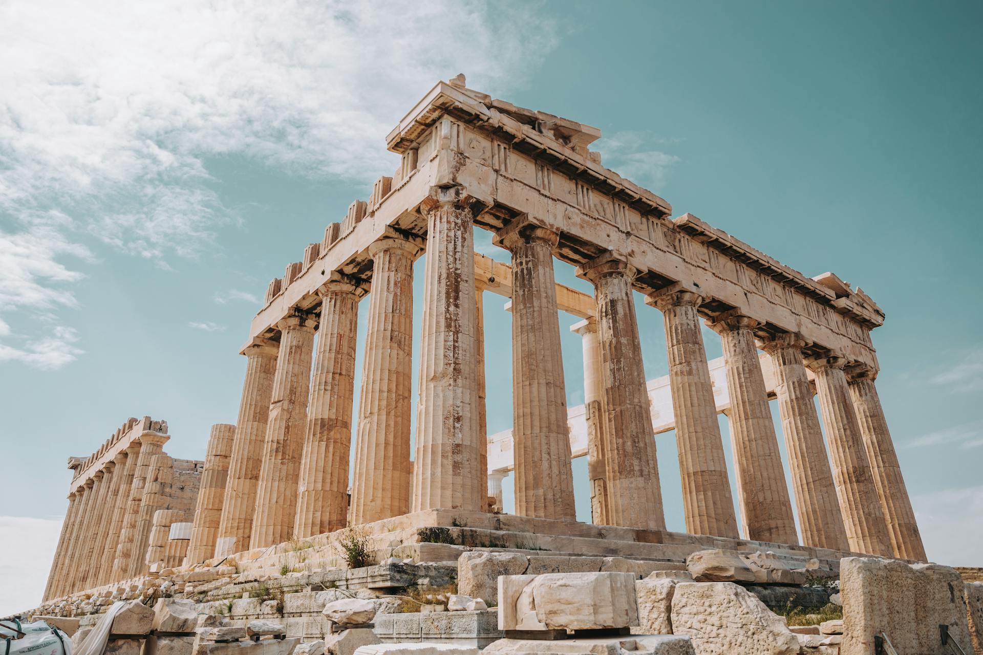 From below of Parthenon monument of ancient architecture and ancient Greek temple located on Athenian Acropolis