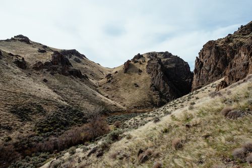 Free Dry grass and bushes growing on hillside of rocky terrain against cloudy sky Stock Photo