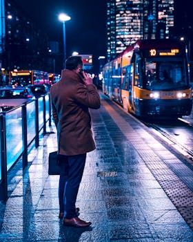 A professional man in a coat makes a phone call at a tram stop in Warsaw at night.