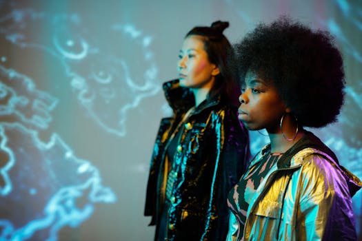 两名女性身穿时尚金属夹克，站在色彩缤纷的抽象背景前