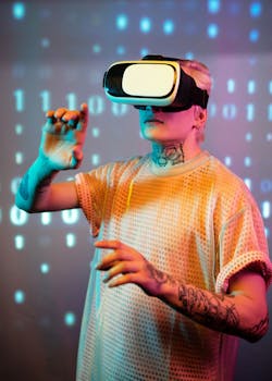 Man with tattoos wearing a VR headset in a virtual reality environment.