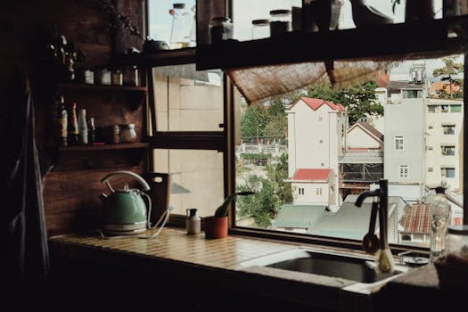 Charming kitchen interior overlooking a quaint urban neighborhood through a window.
