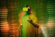 在未来的科技环境中，沉浸在虚拟现实中的人被充满活力的灯光照亮