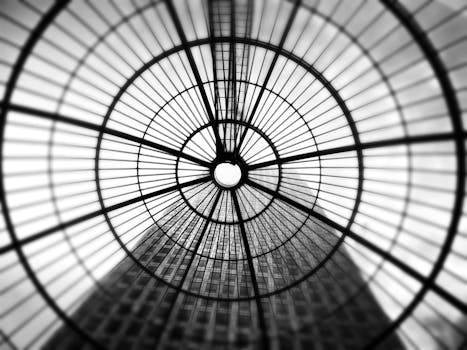 黑白抽象景观中的摩天大楼圆顶，突出了线条与建筑的特色