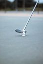 Metal stick with creative white chess piece in form of horse on smooth terrain in golf club