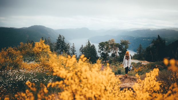 一名徒步旅行者俯瞰不列颠哥伦比亚省维多利亚市的湖泊，享受着充满活力的秋叶