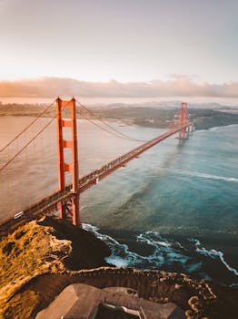 Breathtaking aerial shot of the iconic Golden Gate Bridge in San Francisco during sunset.