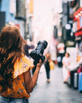 Woman with camera walks through vibrant Seoul streets, capturing urban life.