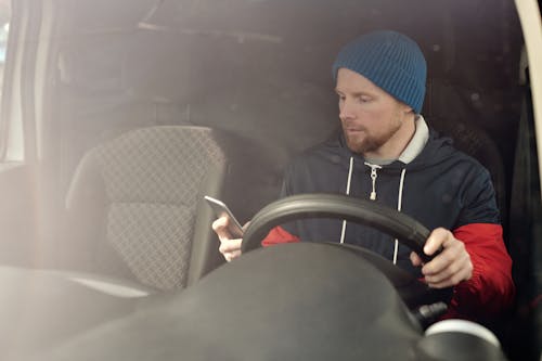 Man in Blue Knit Cap Driving Car