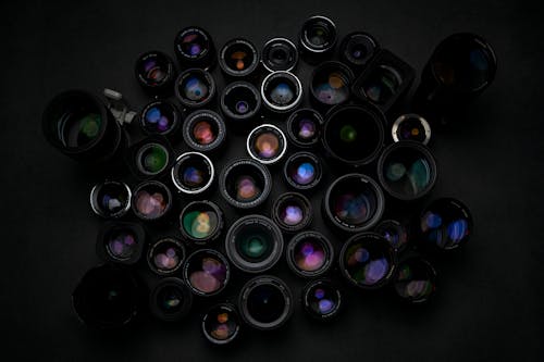 Set of various lenses of photo cameras
