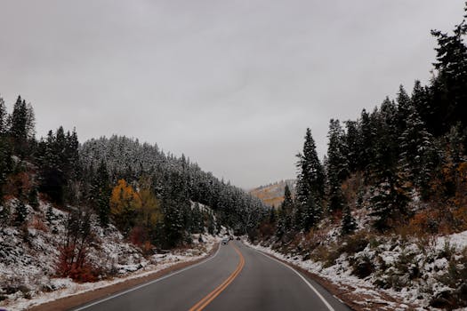 Majestic winter landscape of a scenic highway surrounded by snow-dusted trees in Park City, Utah.