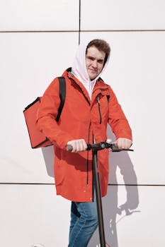 Young delivery rider in a red jacket riding an electric scooter outdoors.