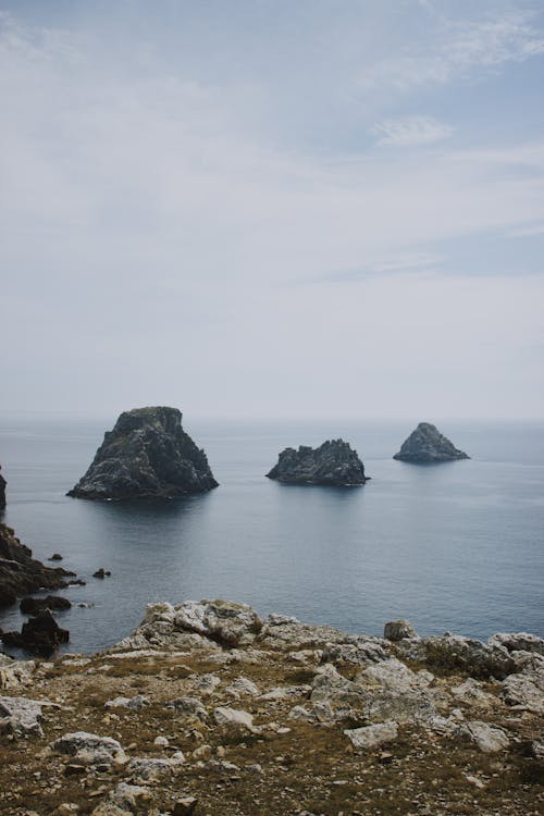 Scenic view of calm coast covered with grass and stones and row of rocky formations retiring to depth of ocean under blue sky