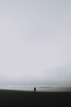 朦胧的海滩上，一个孤独的身影静静伫立，唤起平静与孤独