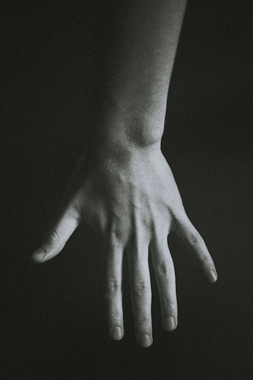 From above of black and white hand of crop anonymous person against dark background