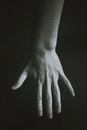 From above of black and white hand of crop anonymous person against dark background