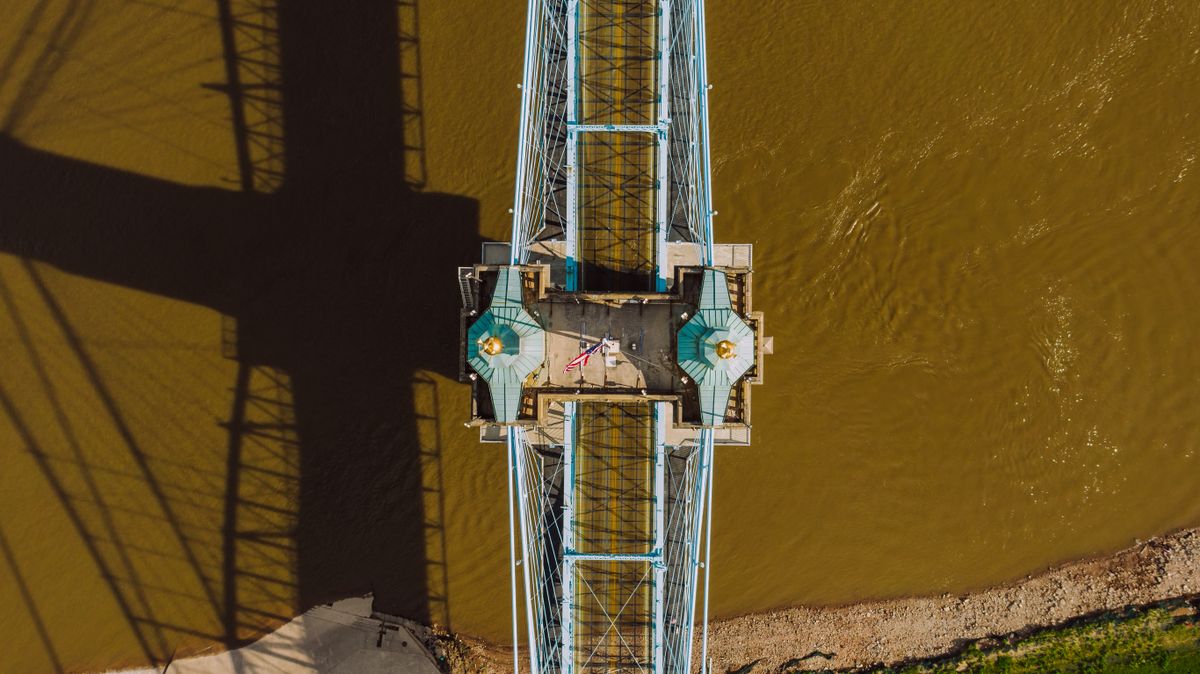 Aerial view of the Roebling Suspension Bridge spanning the Ohio River