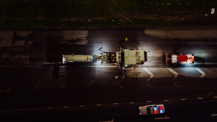 From Above Of Repair Of Road At Night