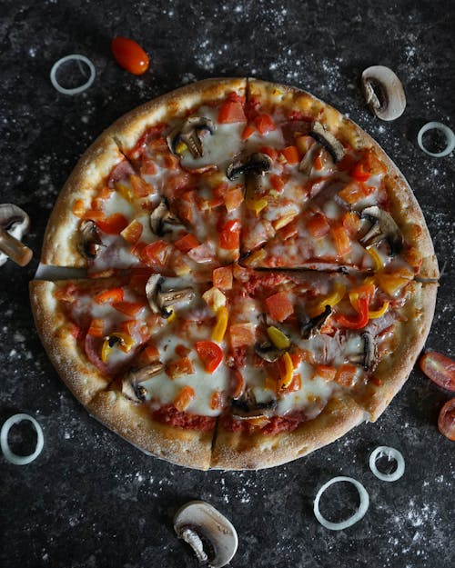 Overhead Shot of a Pizza with Mushrooms