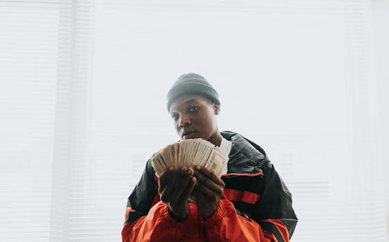 Portrait of a young man in a beanie holding a stack of dollars, indoors.